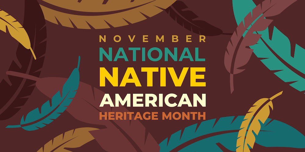 Native american heritage month. Vector banner, poster, card for social media with the text National native american heritage month. Background with a national ornament, a pattern of feathers.